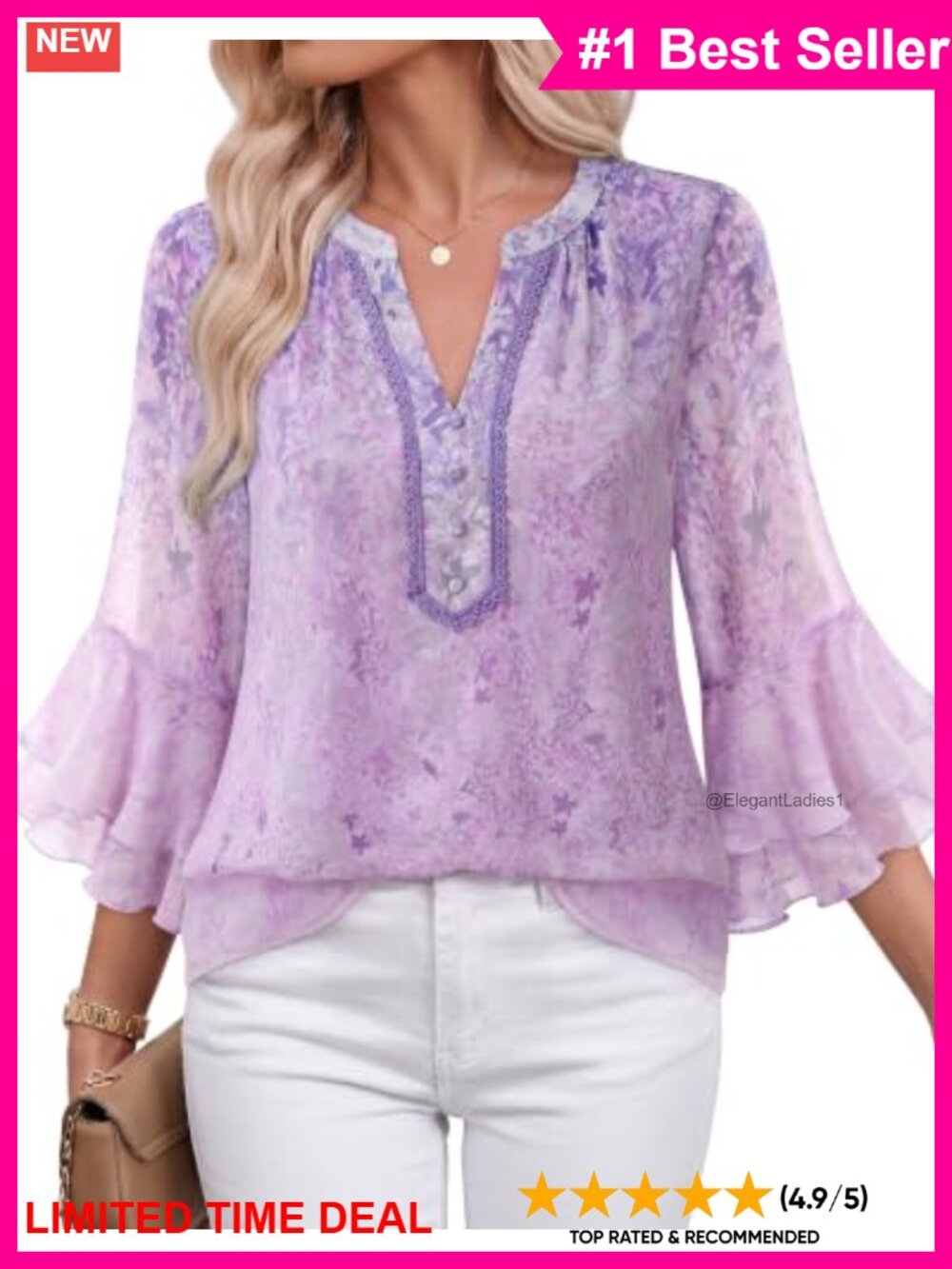 Women's Chiffon Blouse Ruffle 3/4 Sleeve V Neck Embroidered Top